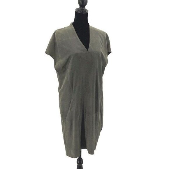 Schai Womens Goat Suede Leather Exposed Back Zip Cap Sleeve Shift Dress Green/Gr - Picture 1 of 11